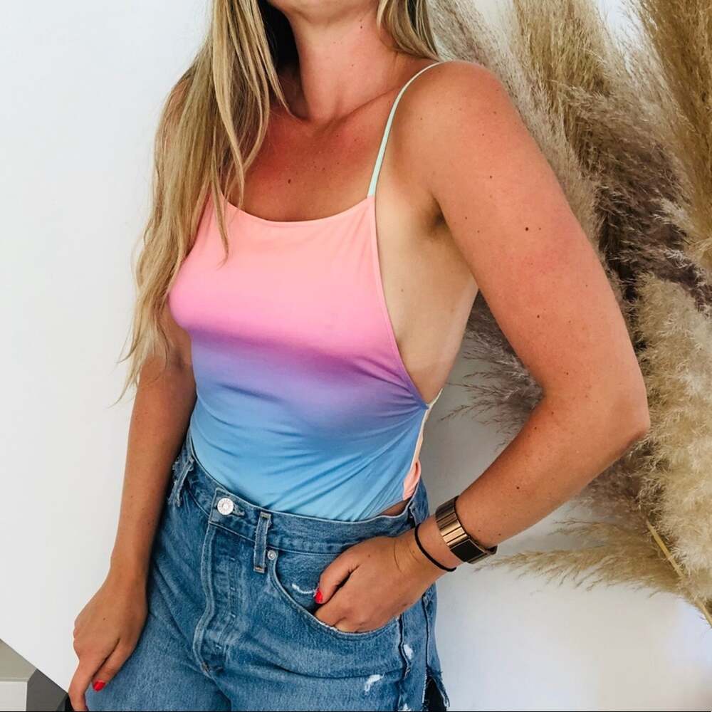 NEW F21 FOREVER Pink Blue Pastel Rainbow Open Back Silky Bodysuit Tank Top M